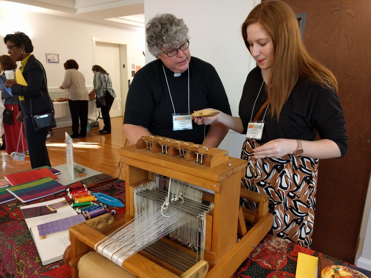Sharon teaching weaving